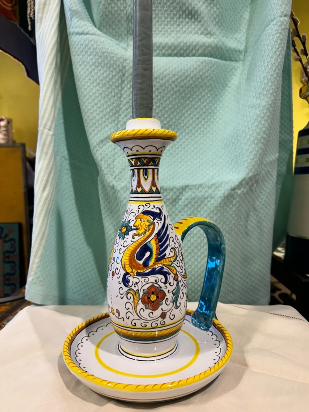 De Ruta Hand-Painted Ceramic Candle Holder - Yellow & Blue